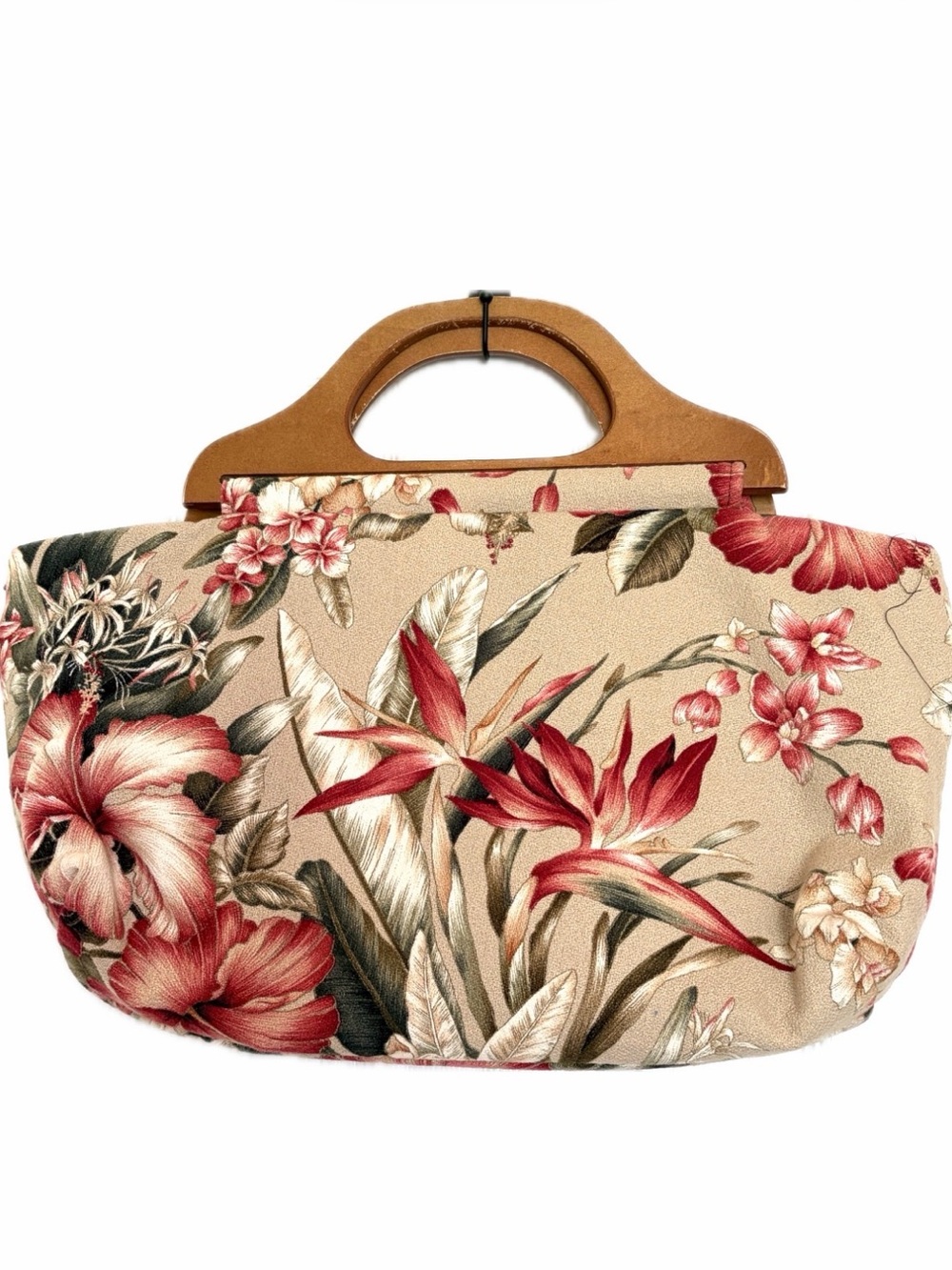 Vintage‎ Barkcloth Handbag with Wood Handle